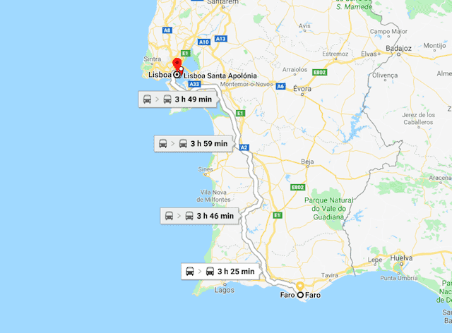 Mapa do trajeto de Faro a Lisboa em trem