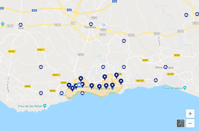 Mapa de onde ficar em Albufeira: Centro e Praia da Oura