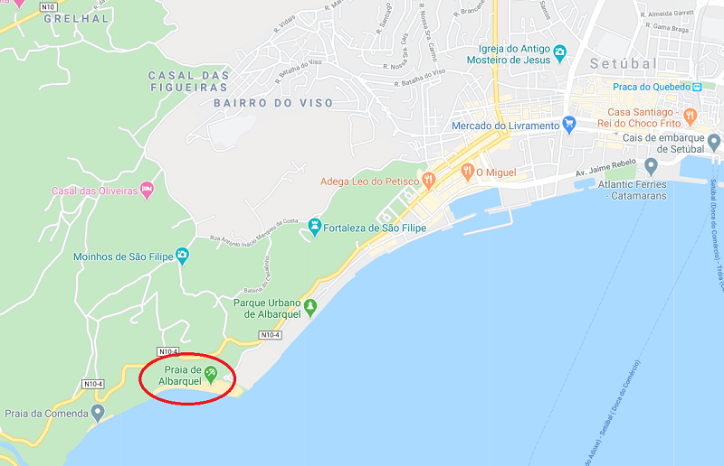 Mapa da praia de Albarquel em Setúbal